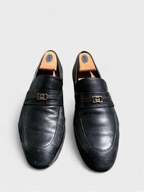 Gucci Mens Interlocking G Logo Pebble Grain Leather Loafers Black - 10.5